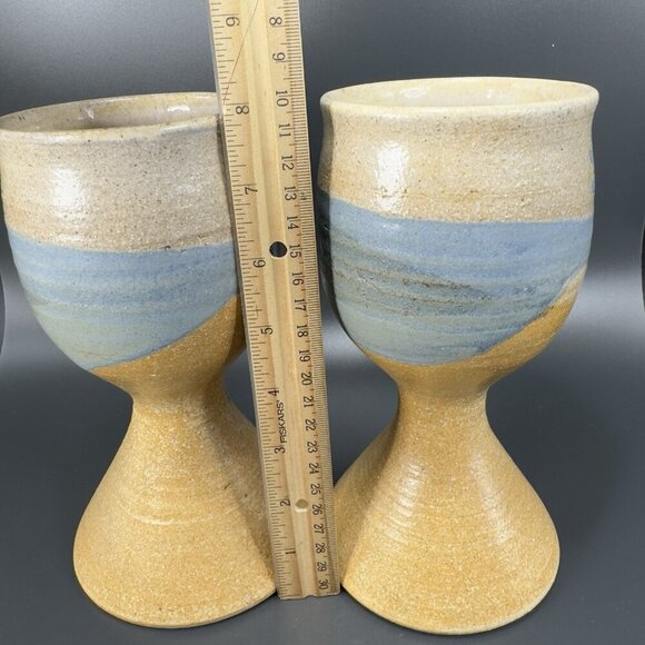 Vintage Large Footed Goblets Cups Set 2 Brown Stoneware Pottery Artist Signed - Picture 3 of 14